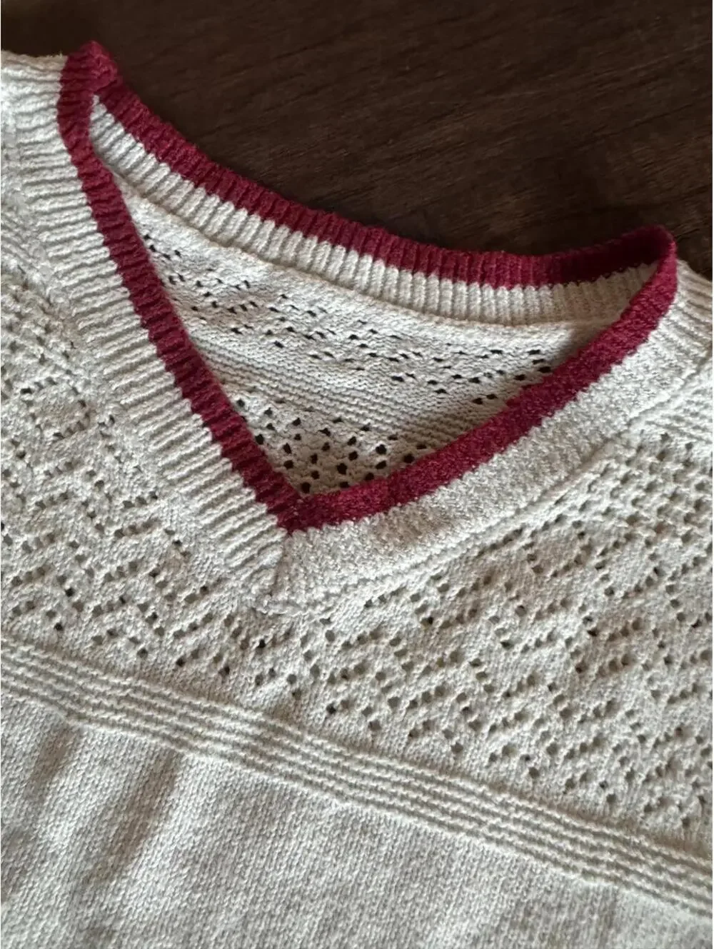Vintage ivory pointelle knit sweater with burgundy trim